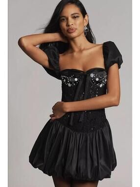 Anthropologie For Love & Lemons Mini Dress Black Bubble Hem Retro Boho